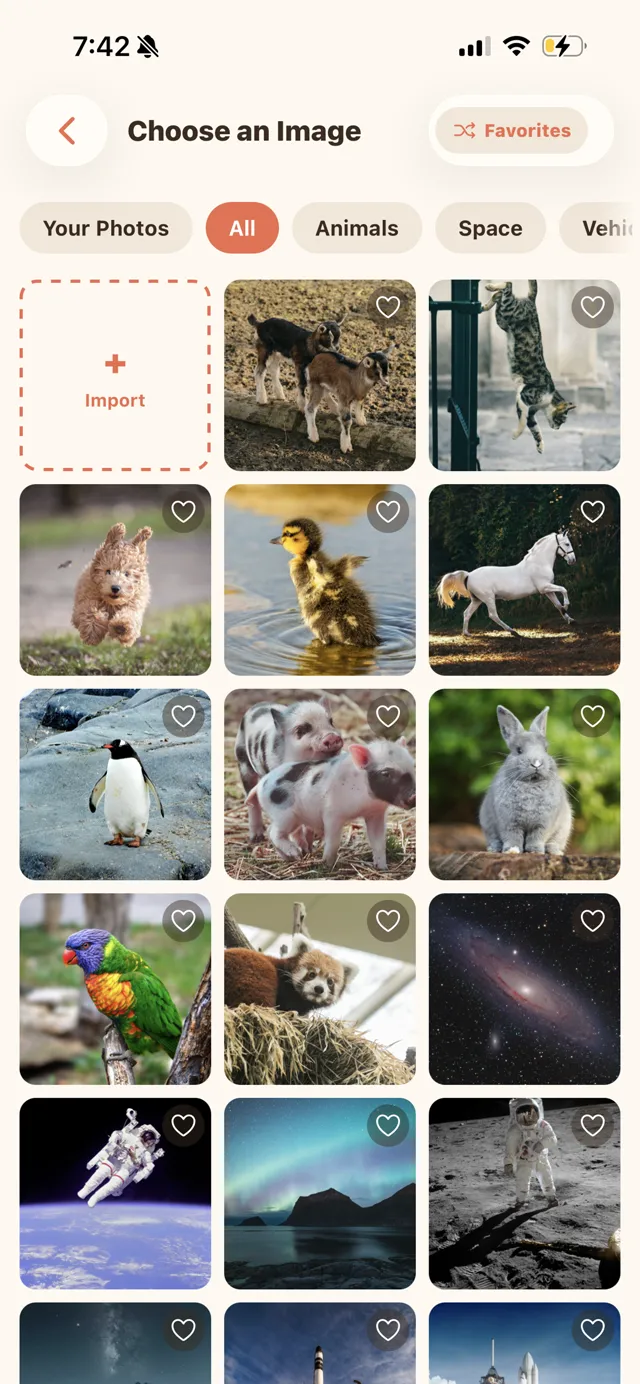 The Choose an Image screen: a grid of built-in photographs of animals and space, each with a favourite heart, and an Import tile for adding your own.