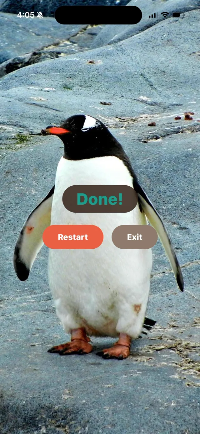 The finished timer: the penguin photograph fully revealed, with a Done! banner and Restart and Exit buttons.