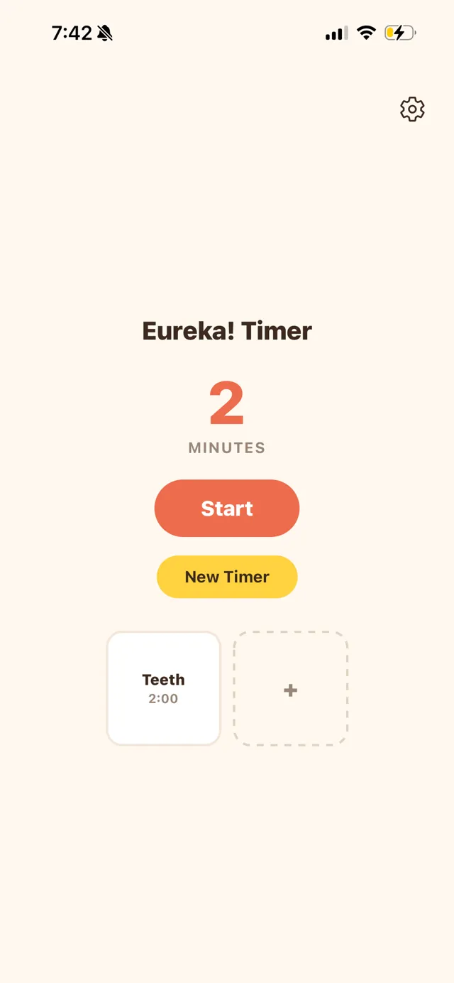 The Eureka! Timer home screen: a two-minute timer, a Start button, a New Timer button, and a saved preset named Teeth.