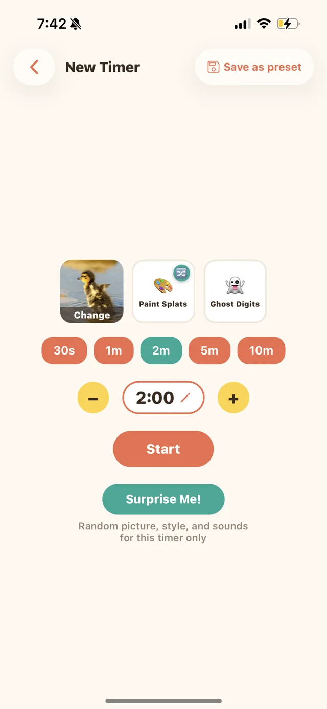 The New Timer screen: a duckling photo, the Paint Splats reveal style, the Ghost Digits countdown style, quick durations from thirty seconds to ten minutes, a 2:00 stepper, and Start and Surprise Me buttons.